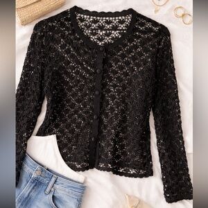 Vintage Black Sheer Lace Crochet Cardigan Button Front  Layering Top